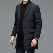 Men's black quilted down jacket, long puffer coat with suit-collar and button closure
