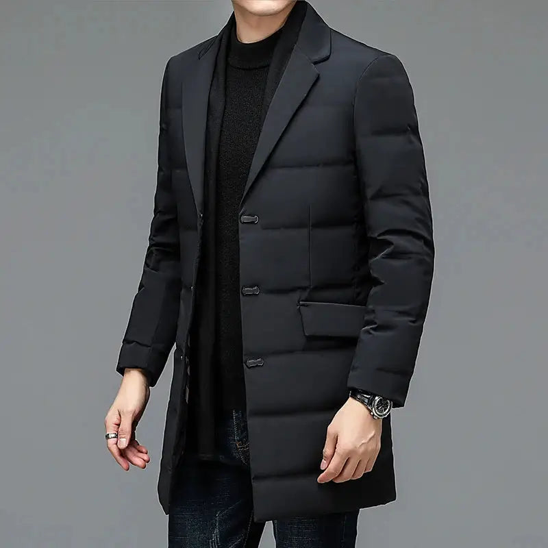Men's black quilted down jacket, long puffer coat with suit-collar and button closure