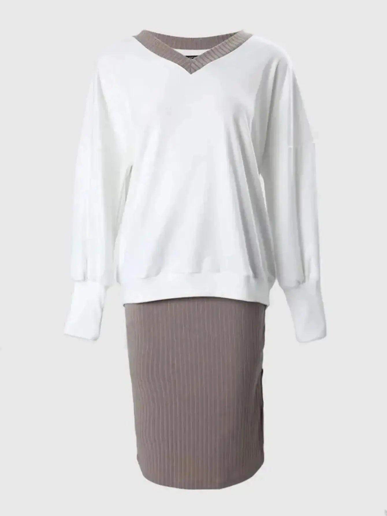 Autumn Winter Two Piece Set Loose V Neck Sweatshirt And Tight Skirt