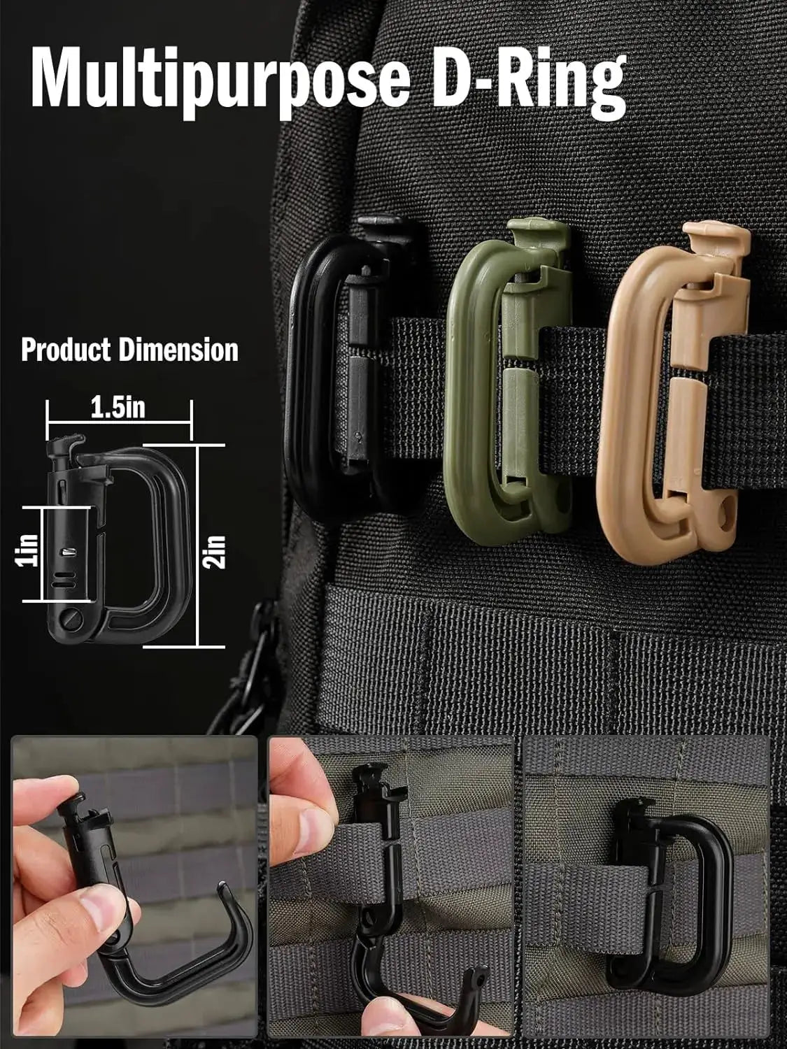 Tactical D-ring carabiners, locking plastic MOLLE clips, 3-pack in black/olive/tan by Simples Market