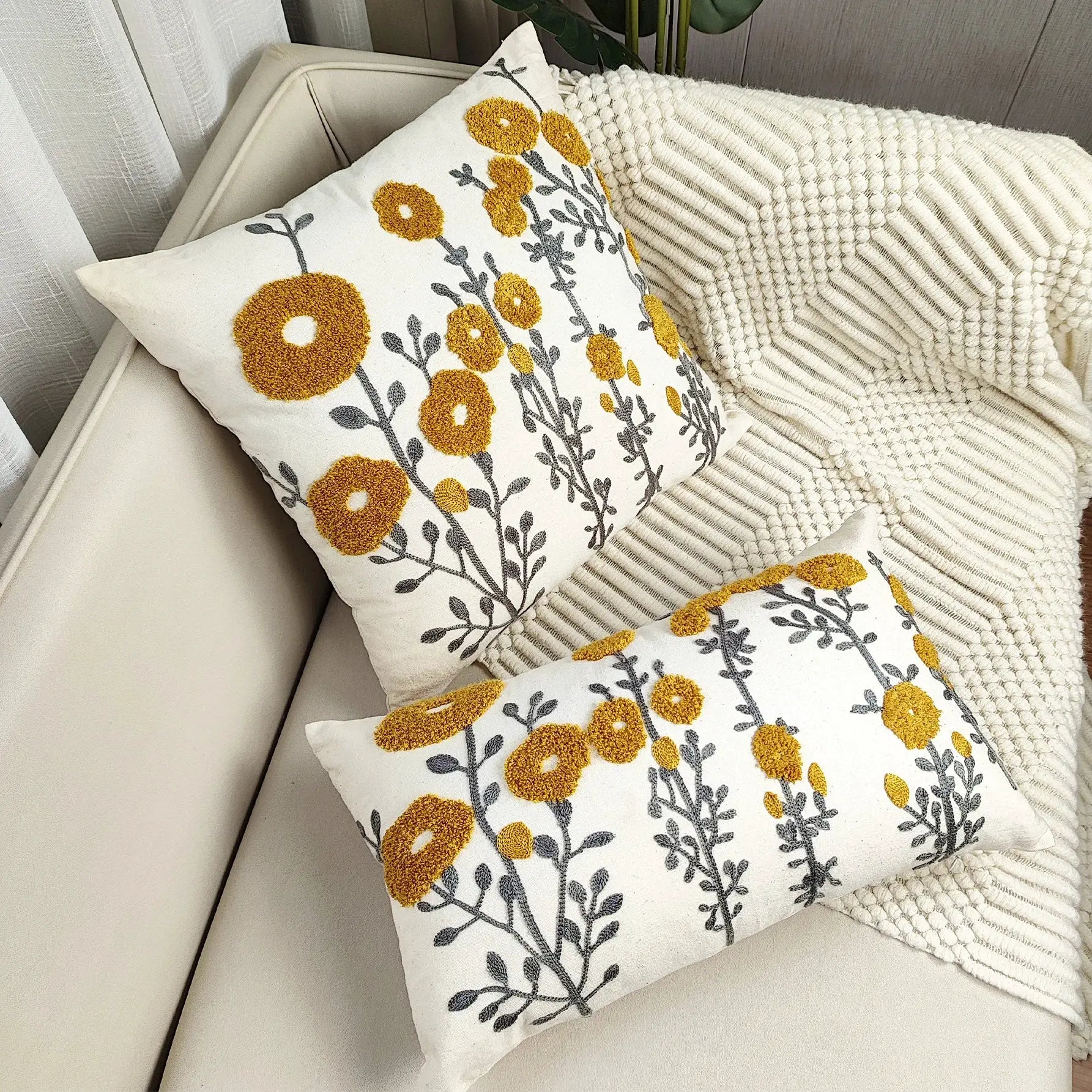 1pc Boho floral tufted embroidery cushion cover; white background with yellow blooms by Simples Market