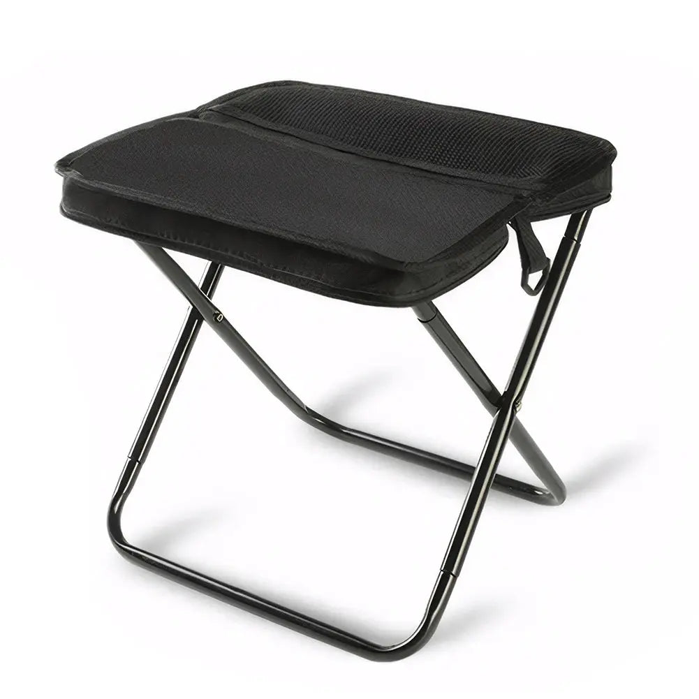 Simples Market folding stool, black padded seat with metal frame, portable shoulder-bag style