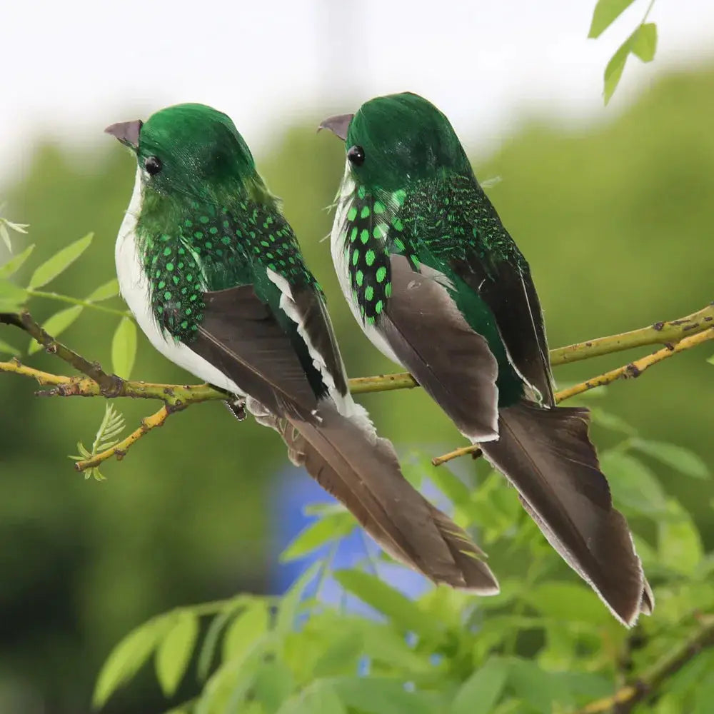 Artificial feather birds garden decor, two green sparrow replicas perched on a branch with long brown tails