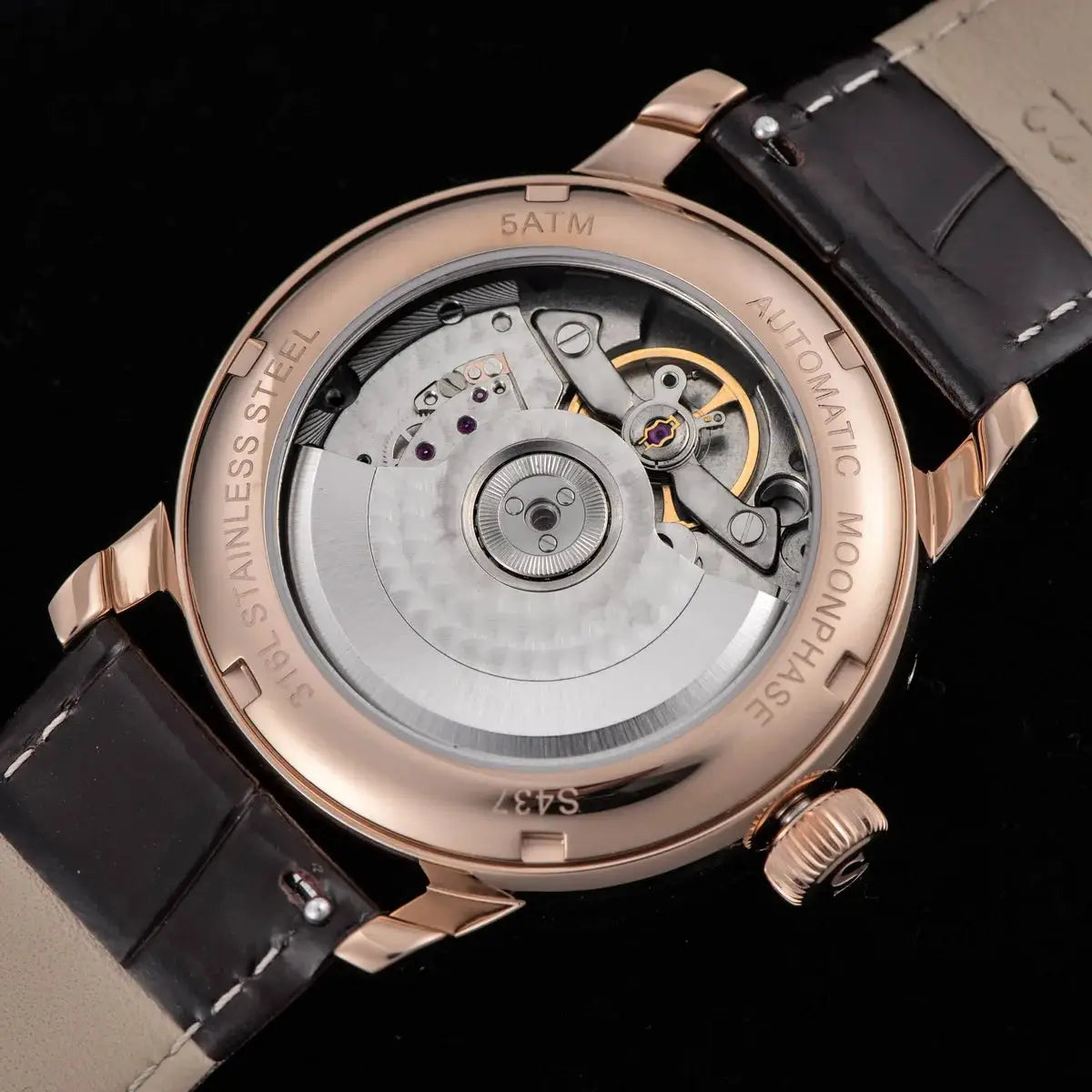 Sugess Moonphase men's 40mm automatic wristwatch with rose-gold stainless steel case and leather strap