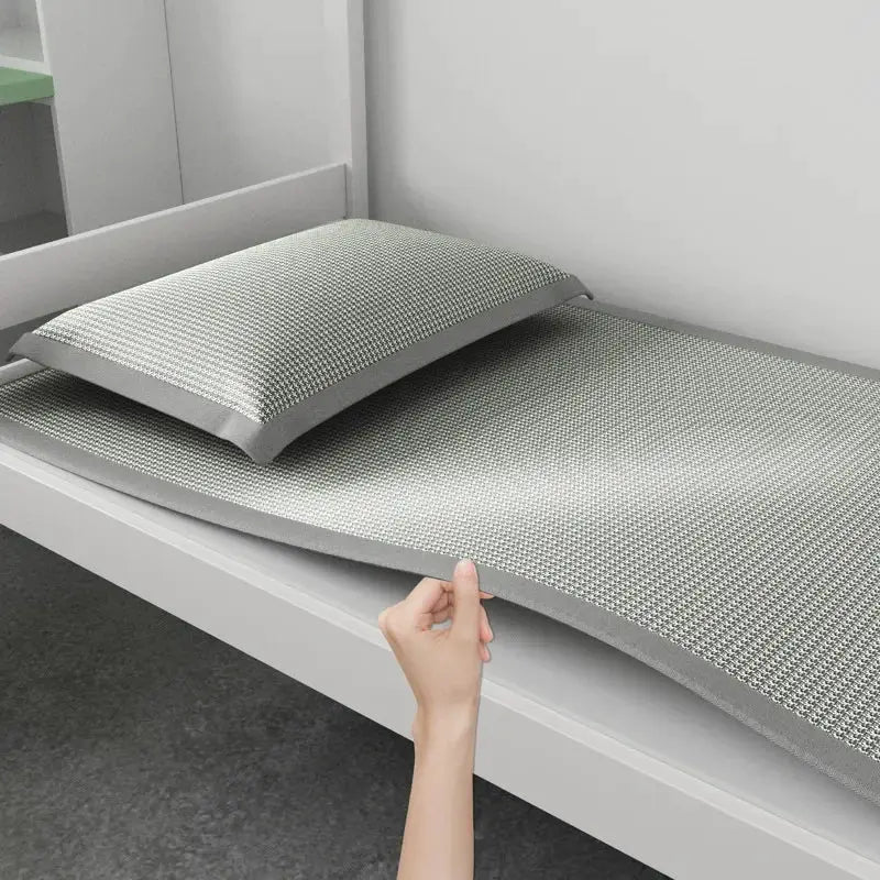 2-piece ice silk sleeping mat and pillow set for dorm rooms, grey cooling jacquard nonwoven cover.
