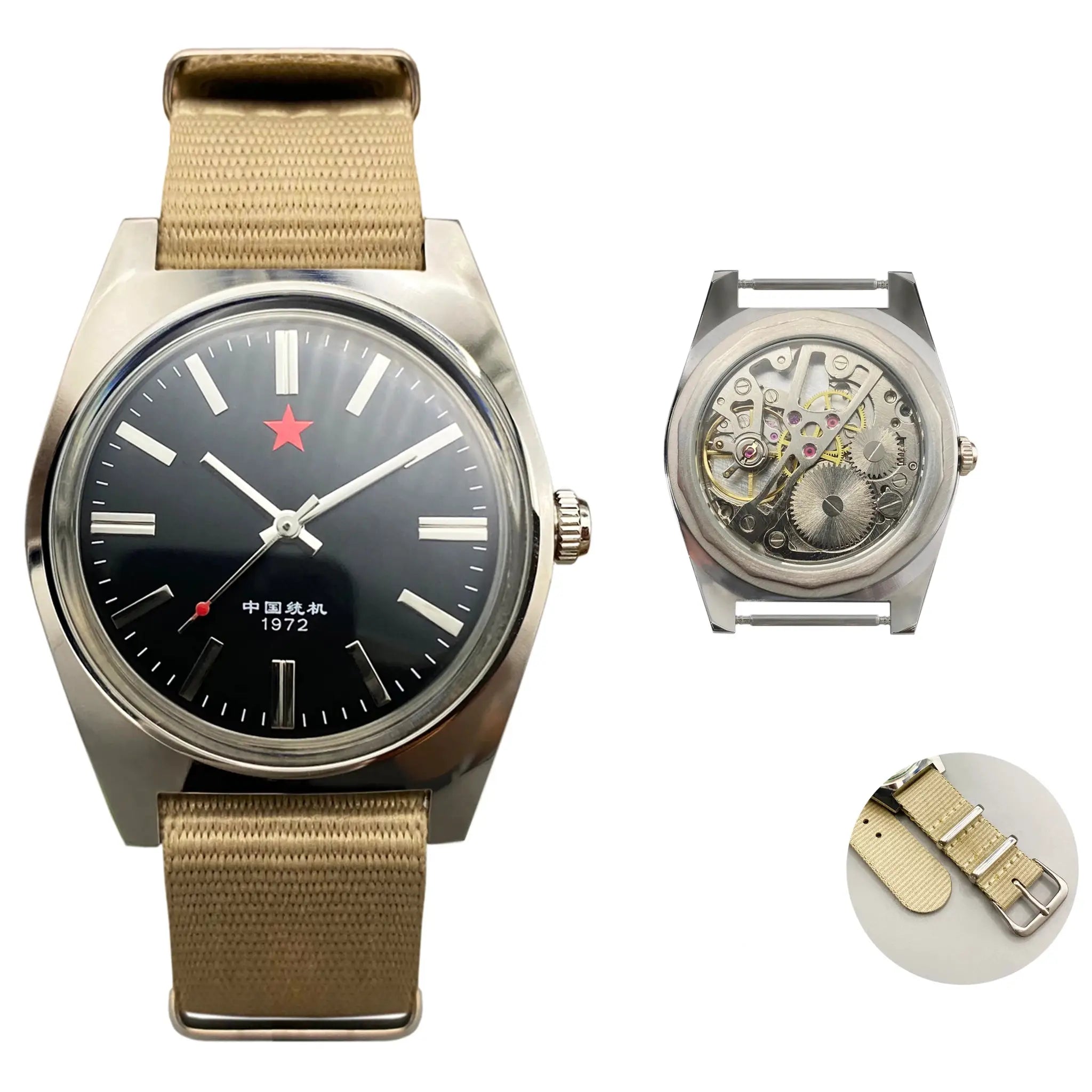 Men's Simples Market mechanical watch, 36mm stainless steel case with beige fabric strap and black dial with red star