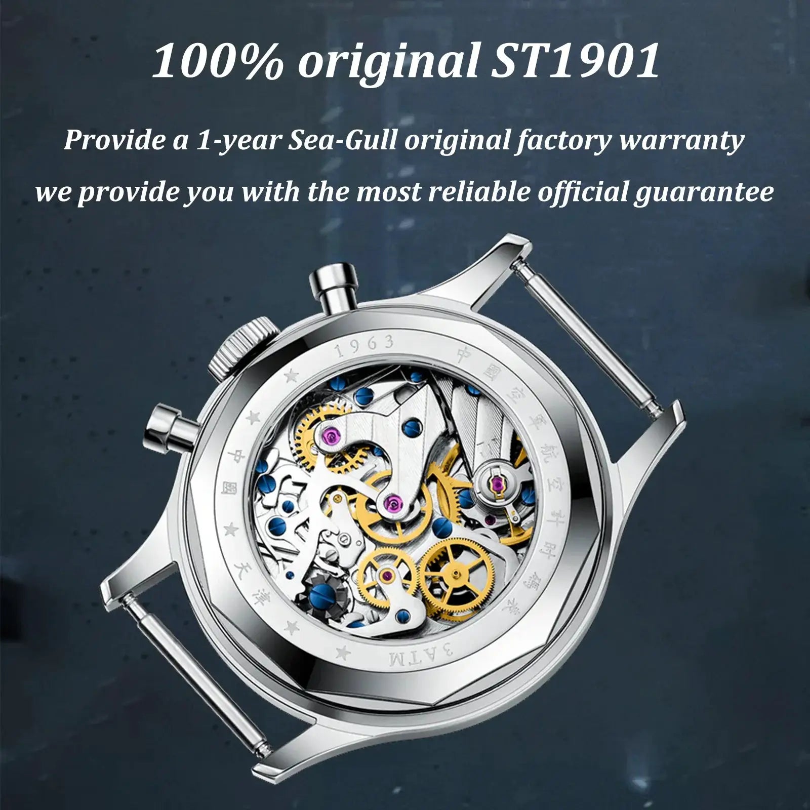 Seagull 1963 skeleton mechanical wristwatch back view; stainless steel case with gold gears and blue screws