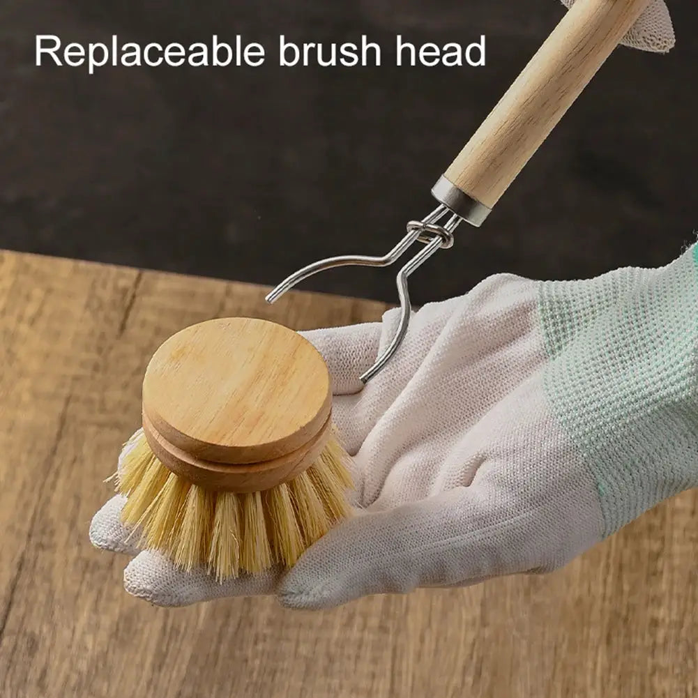 Replaceable dish brush with wooden handle and round natural bristle head by Simples Market for pots and pans