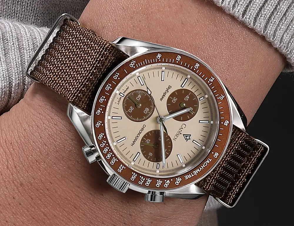CADISEN men’s watch on brown canvas strap with beige dial and brown subdials, tachymeter bezel