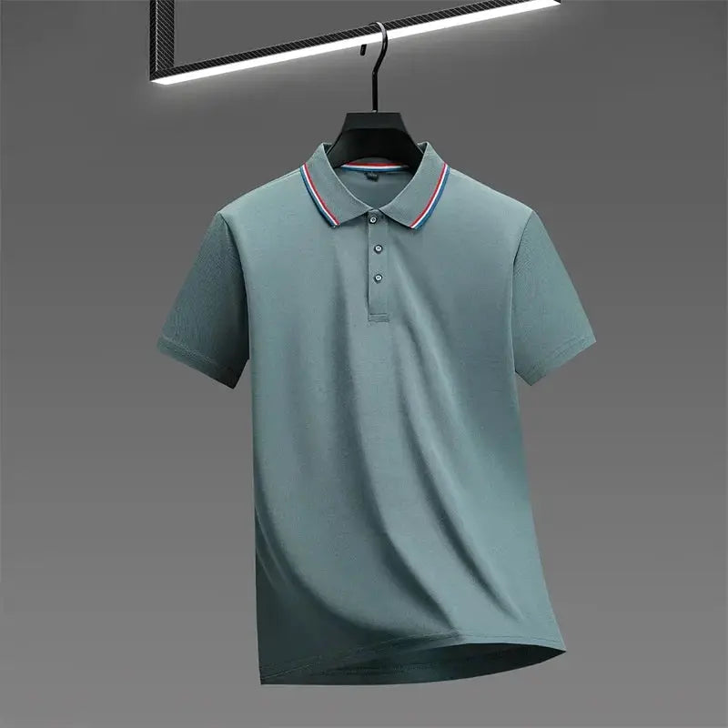 Men's polo shirt, teal short-sleeve with striped collar trim, casual summer top