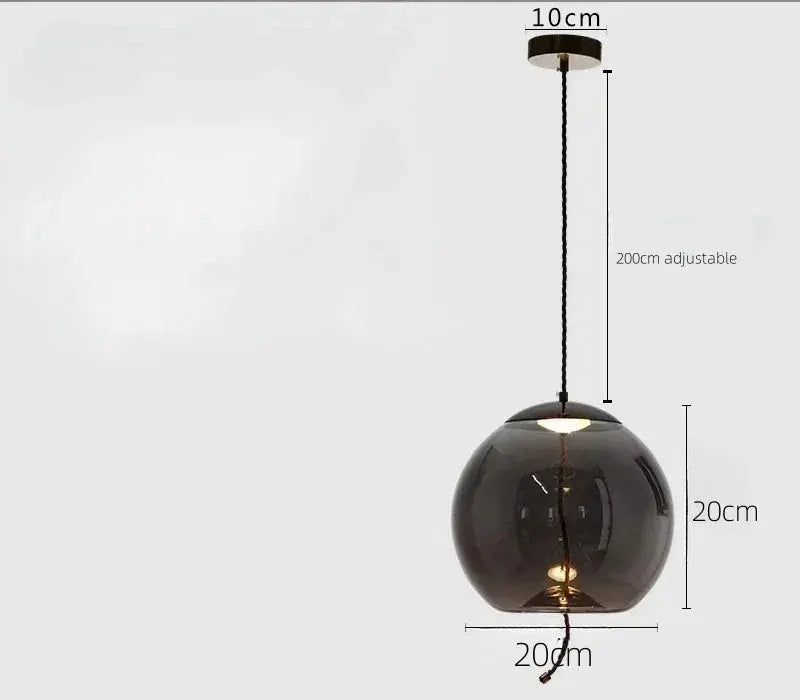 Blue glass globe pendant lamp with hemp rope cord, 20cm shade, 200cm adjustable hanging length