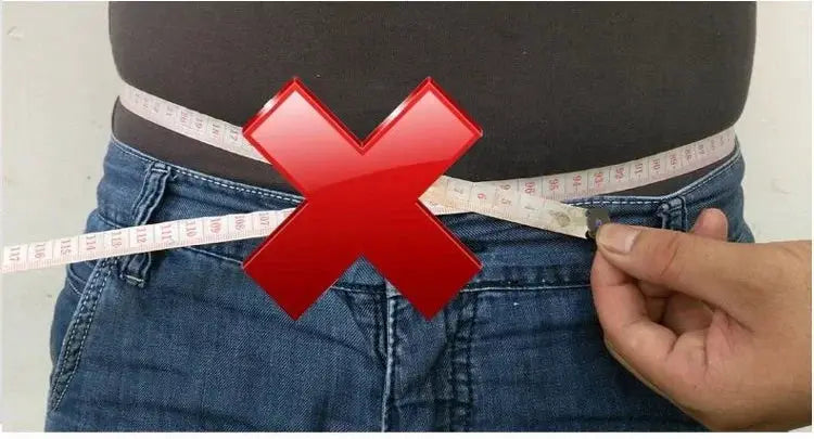 3/4 length men's shorts; waist tape measure around the waist with a bold red X overlay.