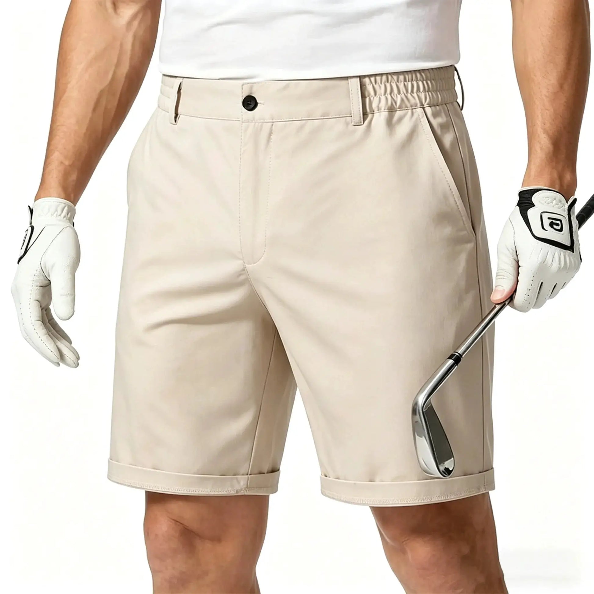 Men's beige cotton shorts with button closure, elastic back waist, and cuffed hem