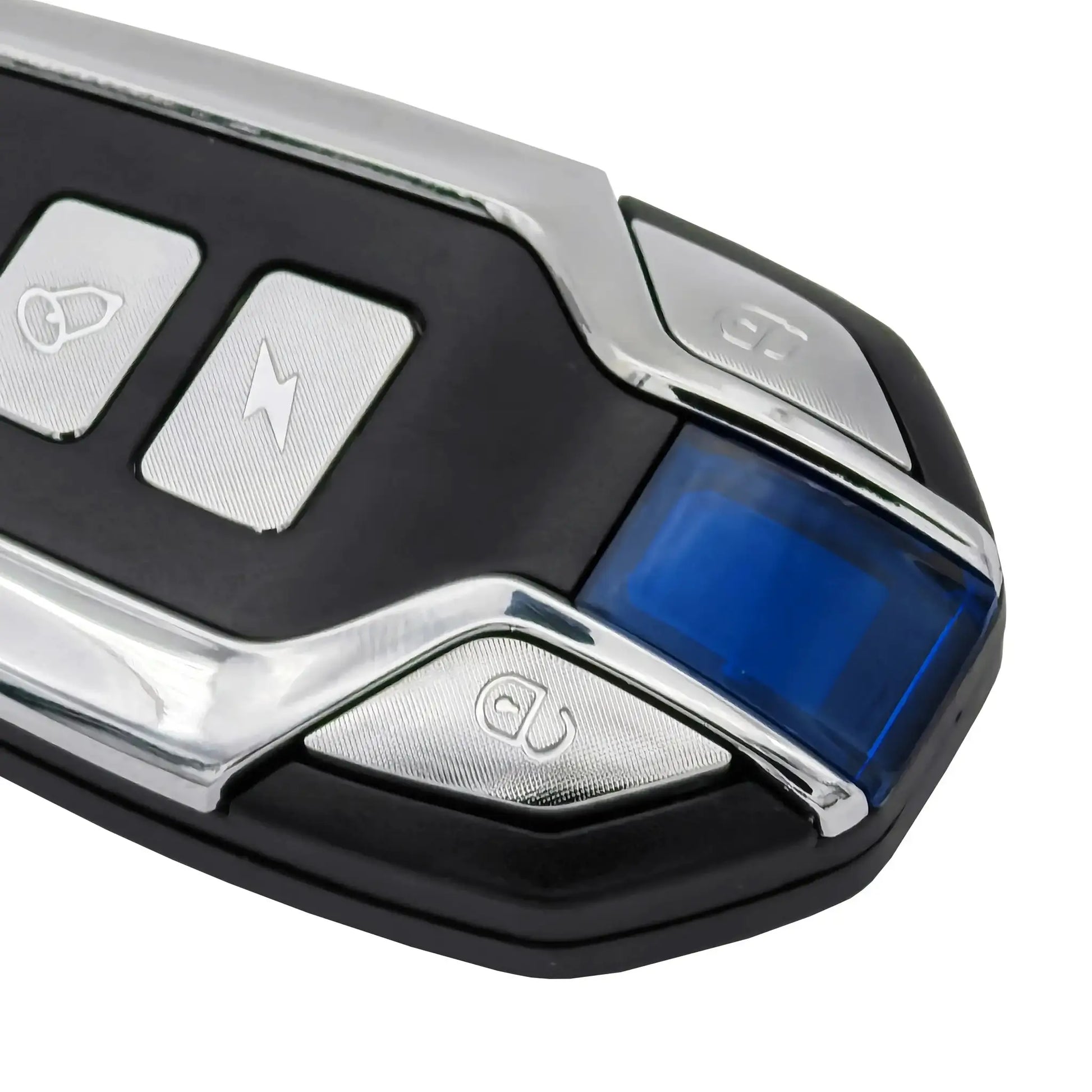 Universal motorcycle anti-theft alarm remote fob with silver textured buttons on black housing