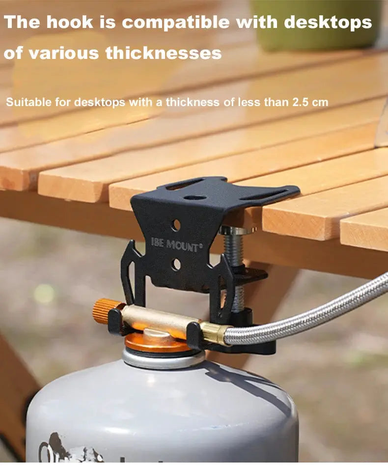 Hang gas canister hook with hanging plate and bottle opener, black metal camping accessory by Simples Market.