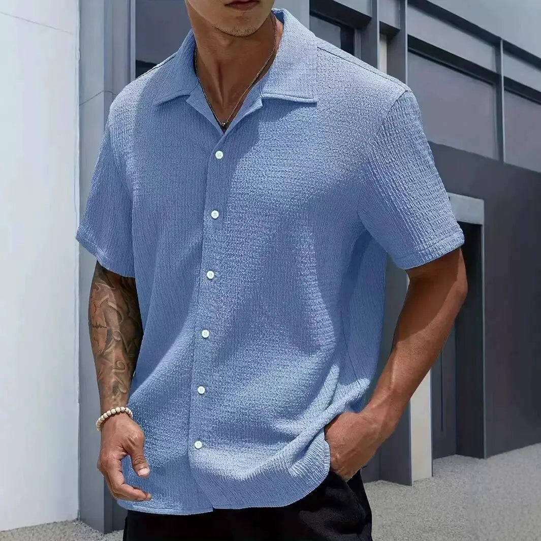 Men's light-blue textured short-sleeve shirt by Simples Market, casual streetwear top