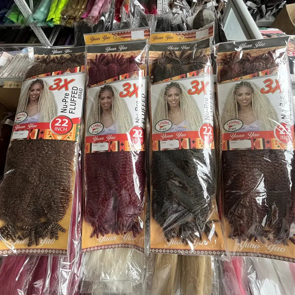 Crochet braiding hair by Yuan Yao, 22-inch Marley Afro Twist, 4 packs in assorted brown, burgundy, and black.