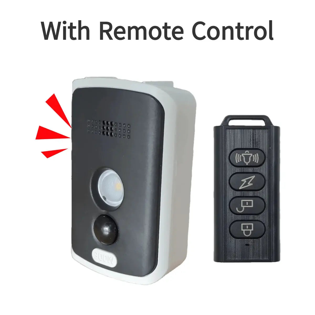 Wireless PIR infrared motion detector alarm with remote, white and gray outdoor sensor with black remote.