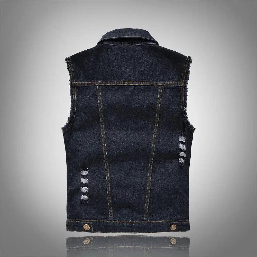 Men's dark blue denim vest sleeveless back view with frayed armholes, distressed side rips and golden stitching