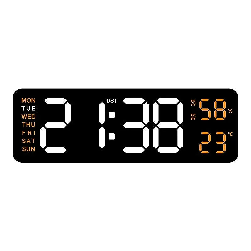 9-Inch Large Digital Wall Clock USB-powered with orange LED display showing time, day, humidity, and temperature.