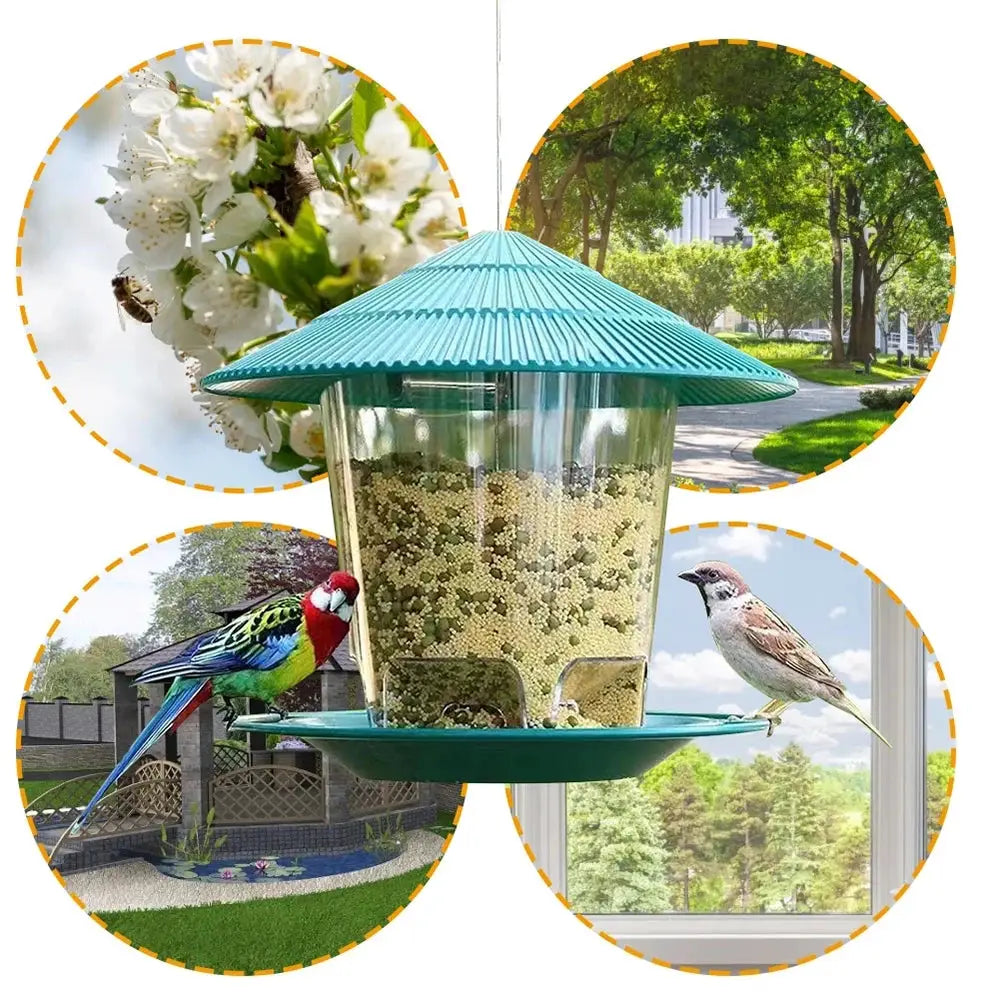 Bird feeder Simples Market; teal-blue conical roof, clear seed hopper, hanging multi-hole dispenser with food tray.