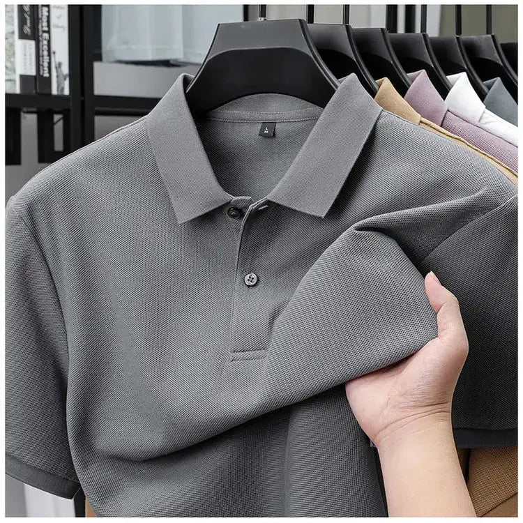Men's gray cotton polo shirt with breathable pique knit, short sleeves, ideal for golf and casual wear