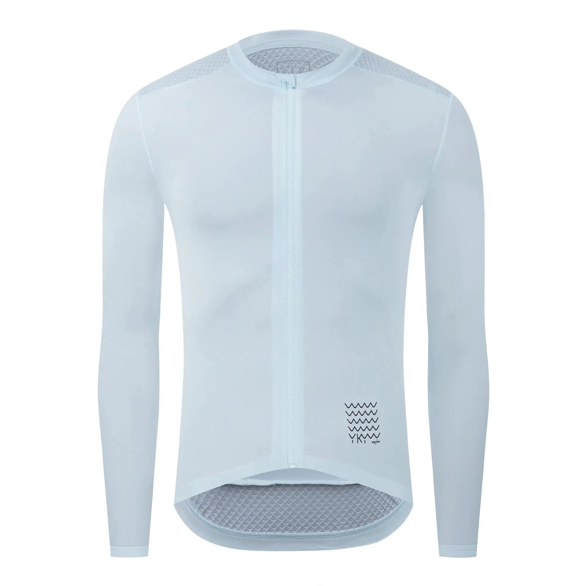 YKYWBIKE men's light-blue long-sleeve cycling jersey with full front zipper and mesh shoulder panels.