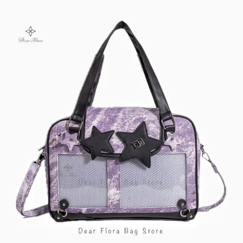 Y2K star ita bag in purple with black star appliques and front mesh pockets