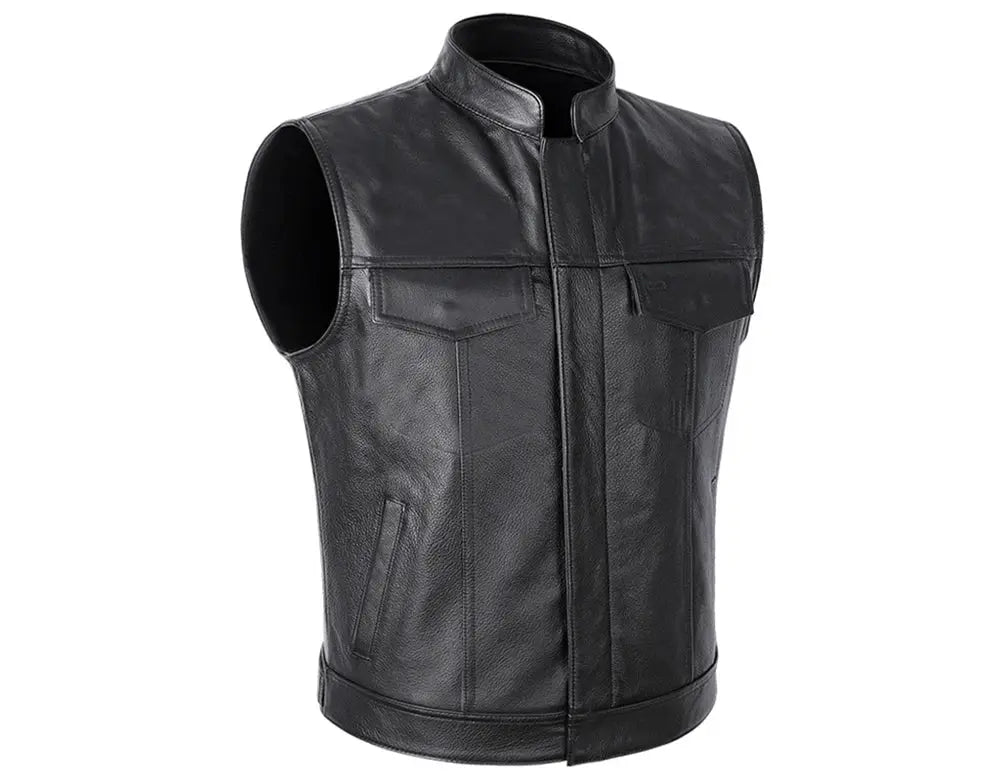 Autumn Winter Men's faux leather waistcoat with stand collar and chest flap pockets