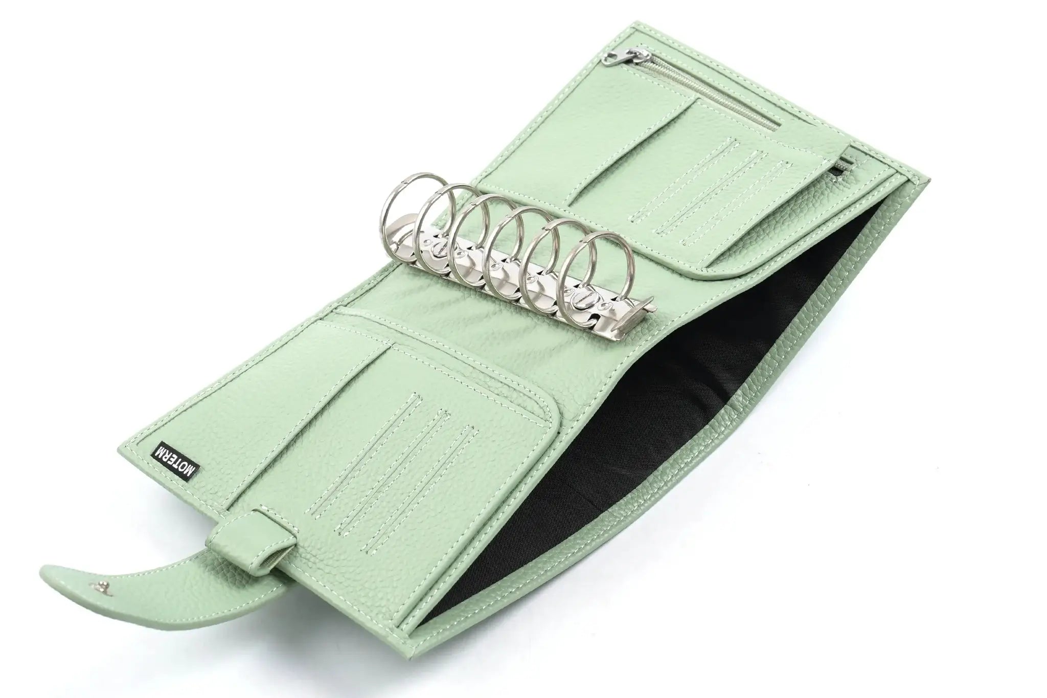 Moterm Luxe 2.0 pocket planner in mint green pebble-grain leather with 30mm rings and card slots