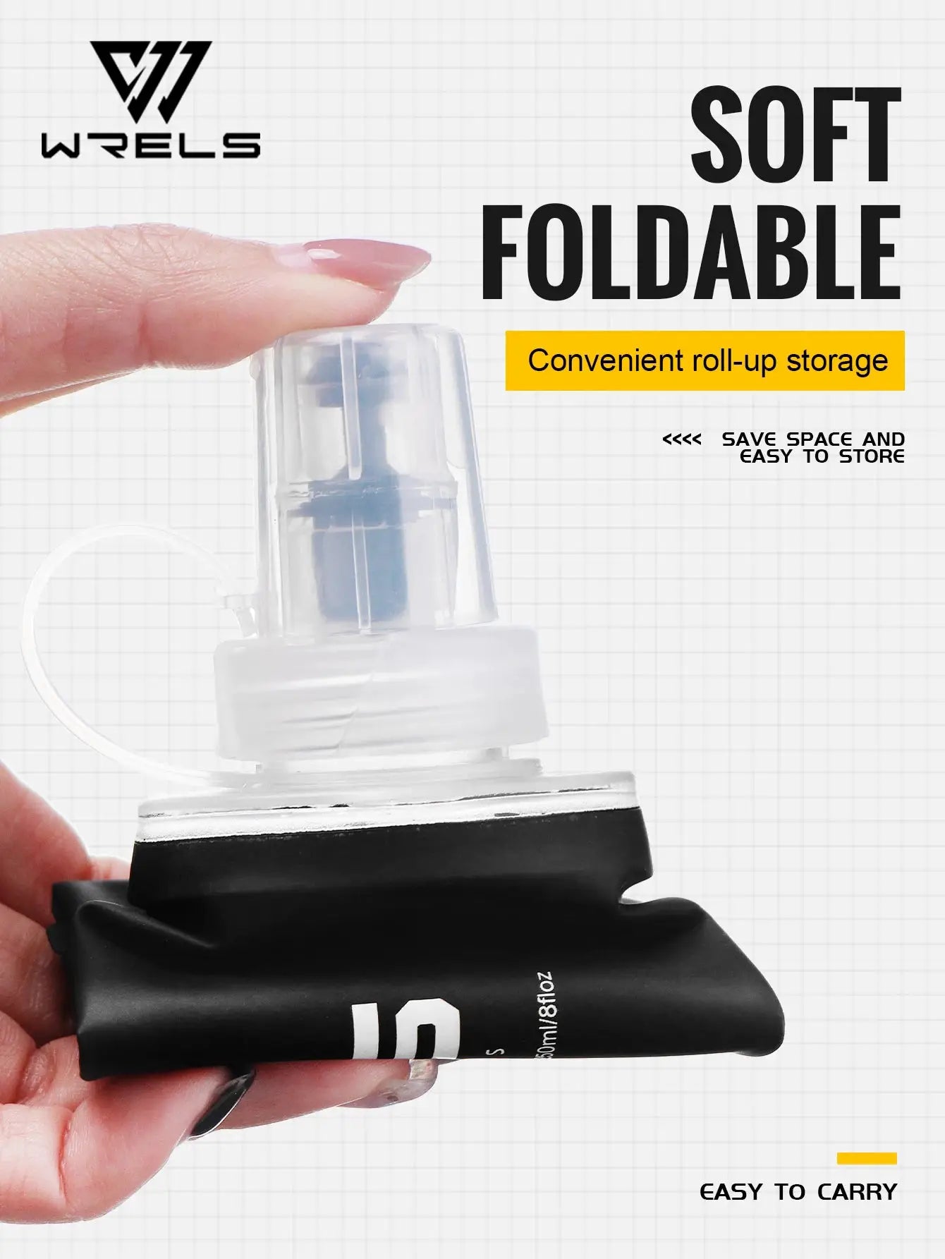 WRELS soft foldable TPU hydration bottle Simples Market, BPA-free squeeze design with transparent body and black base