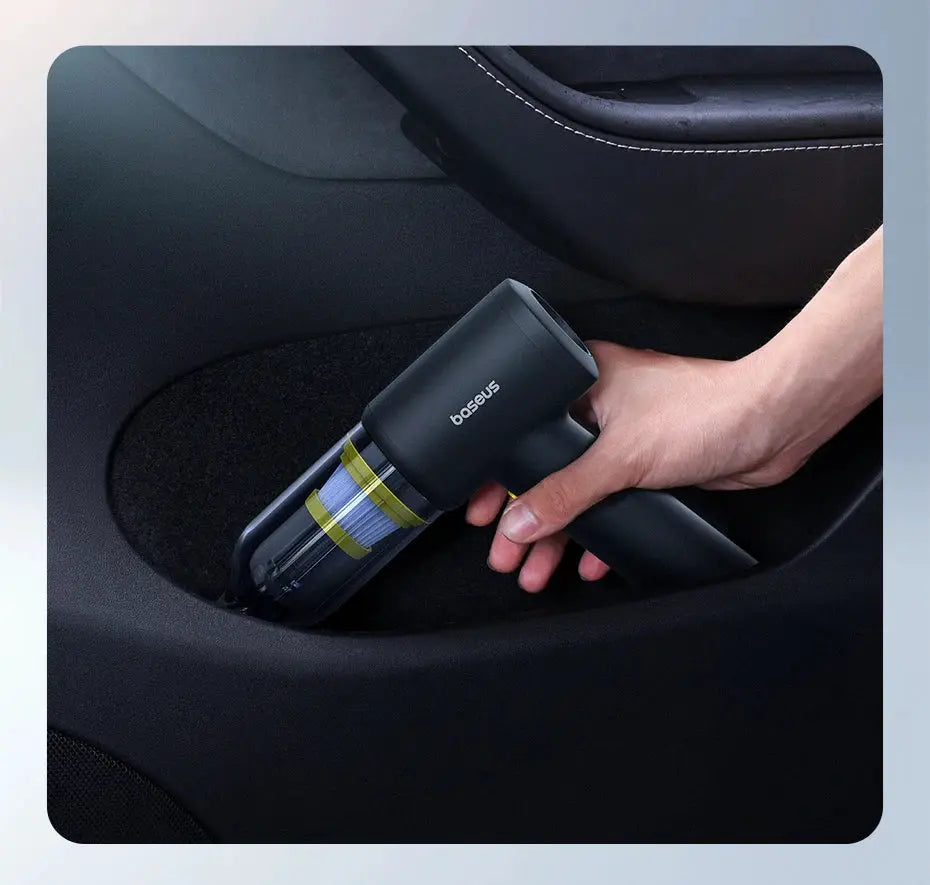 Baseus cordless handheld car vacuum cleaner with transparent dust chamber, black and portable