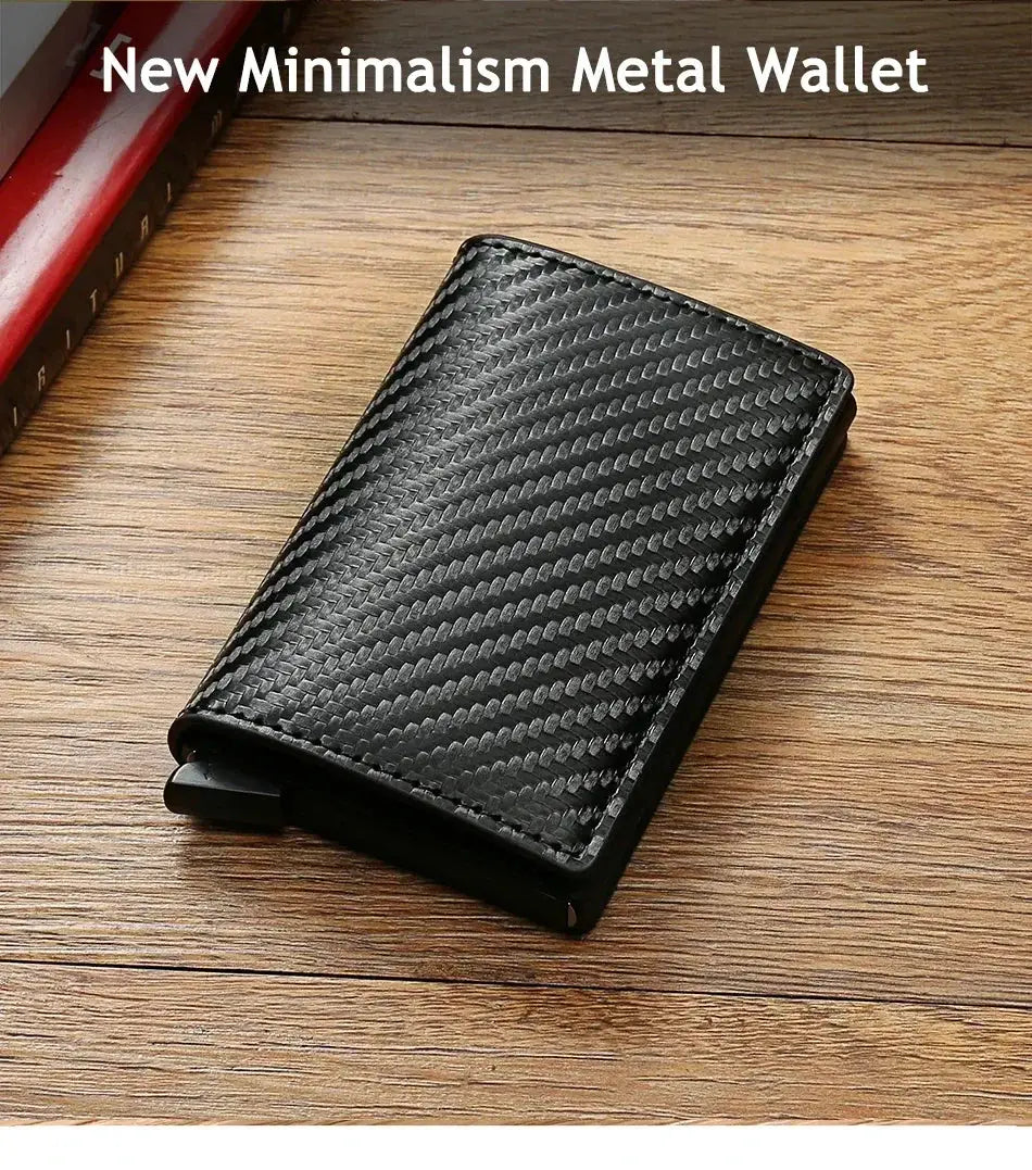 Black minimalist RFID metal wallet cardholder with carbon-fiber texture