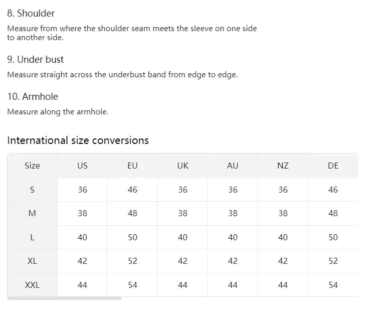 Simples Market men's compression body shaper tank top size chart with shoulder, underbust and armhole measurements
