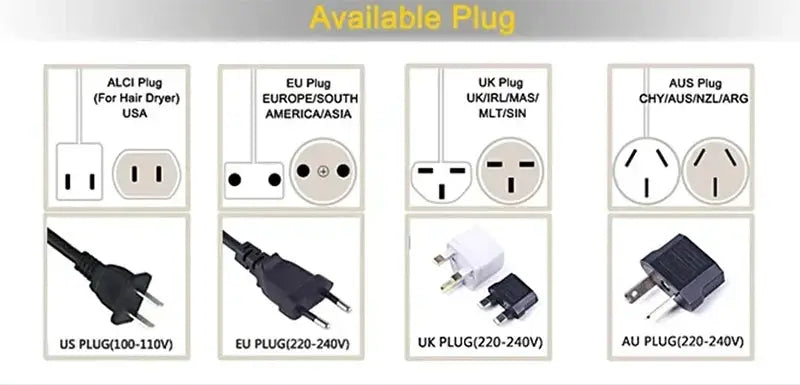 Simples Market hair styling tool with interchangeable US, EU, UK and AU plug adapters.