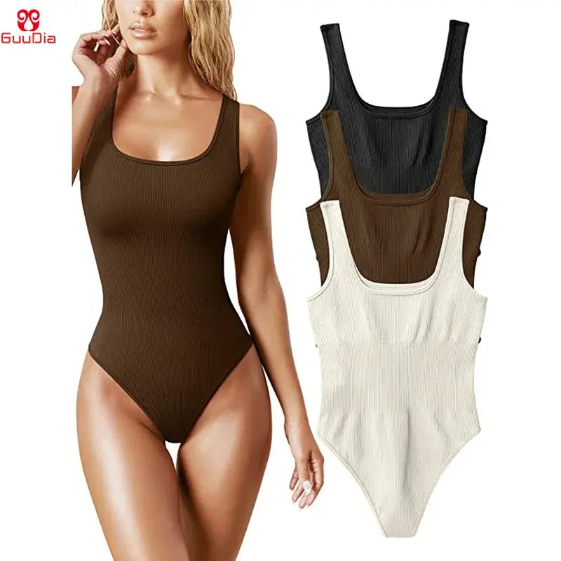 Guudia Ribbed Tummy Jumpsuit Daily Shaper Bodysuit With Light Control Open Crotch Wire Free Shapewear