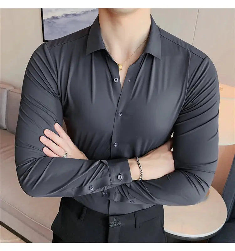 Men's seamless long-sleeve shirt, Simples Market, plus-size 4XL, dark grey, slim dress-casual.