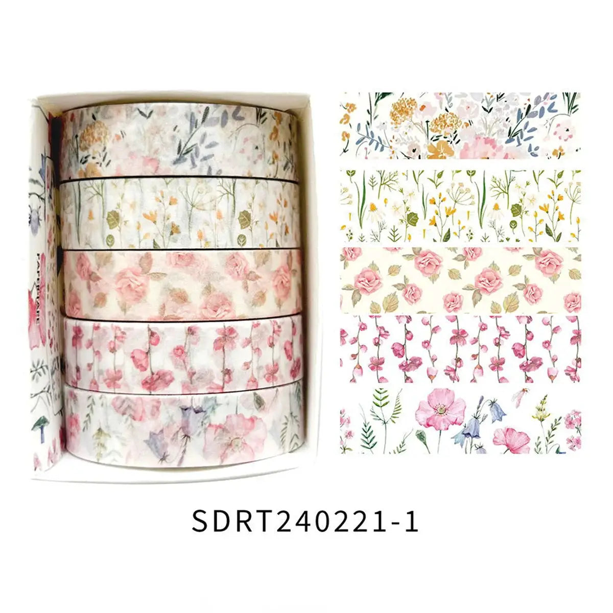 Simples Market 5-pack floral washi tape set; pastel pink, yellow and green designs on boxed rolls