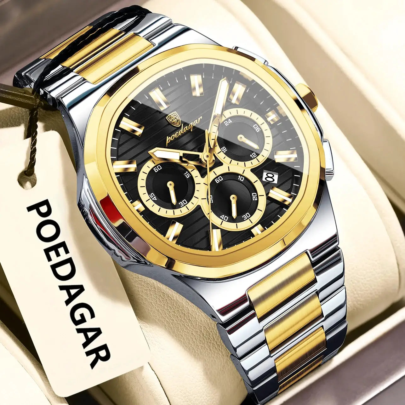 POEDAGAR men's stainless steel wristwatch with gold bezel, black dial, gold subdials, date window