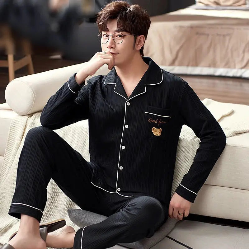 Cotton Men Pajamas Set of Autumn Winter Long-Sleeved Cardigan Plus Size Men Models of Home Clothing Plaid Sleepwear 2PCS/Set