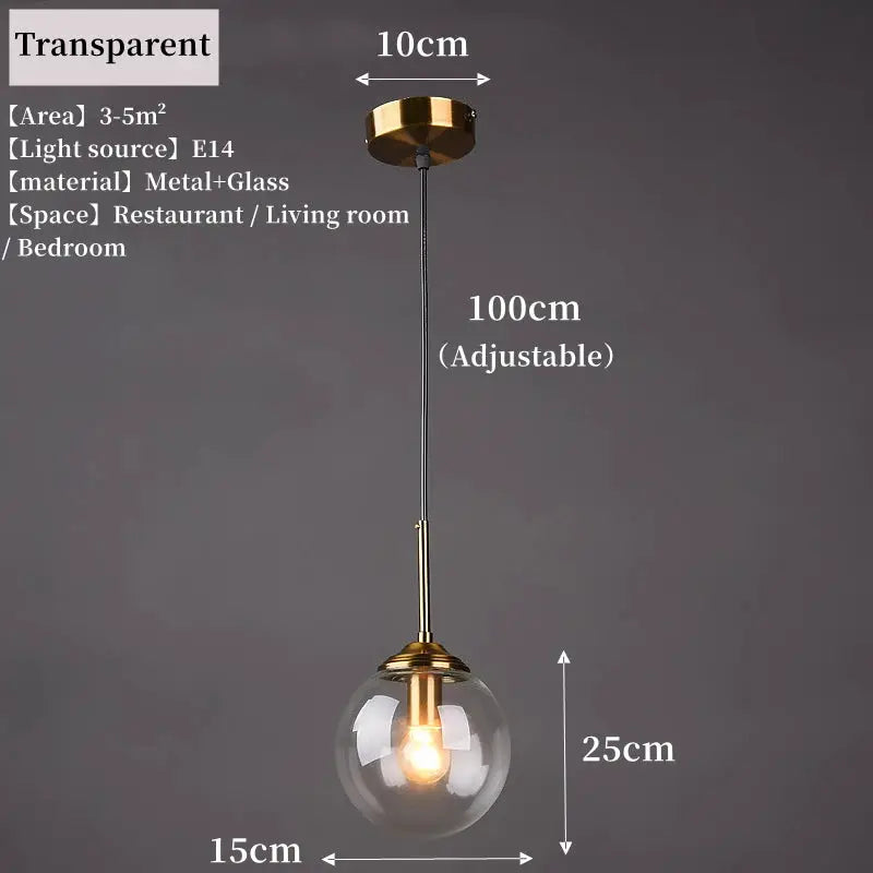 Pendant lamp with transparent glass globe, brass canopy, LED bulb, adjustable cord for living or dining rooms
