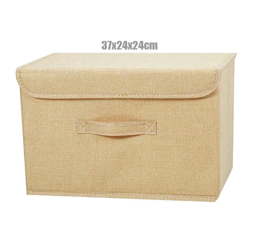 Foldable fabric storage box with lid, beige cotton-linen material, 37x24x24 cm