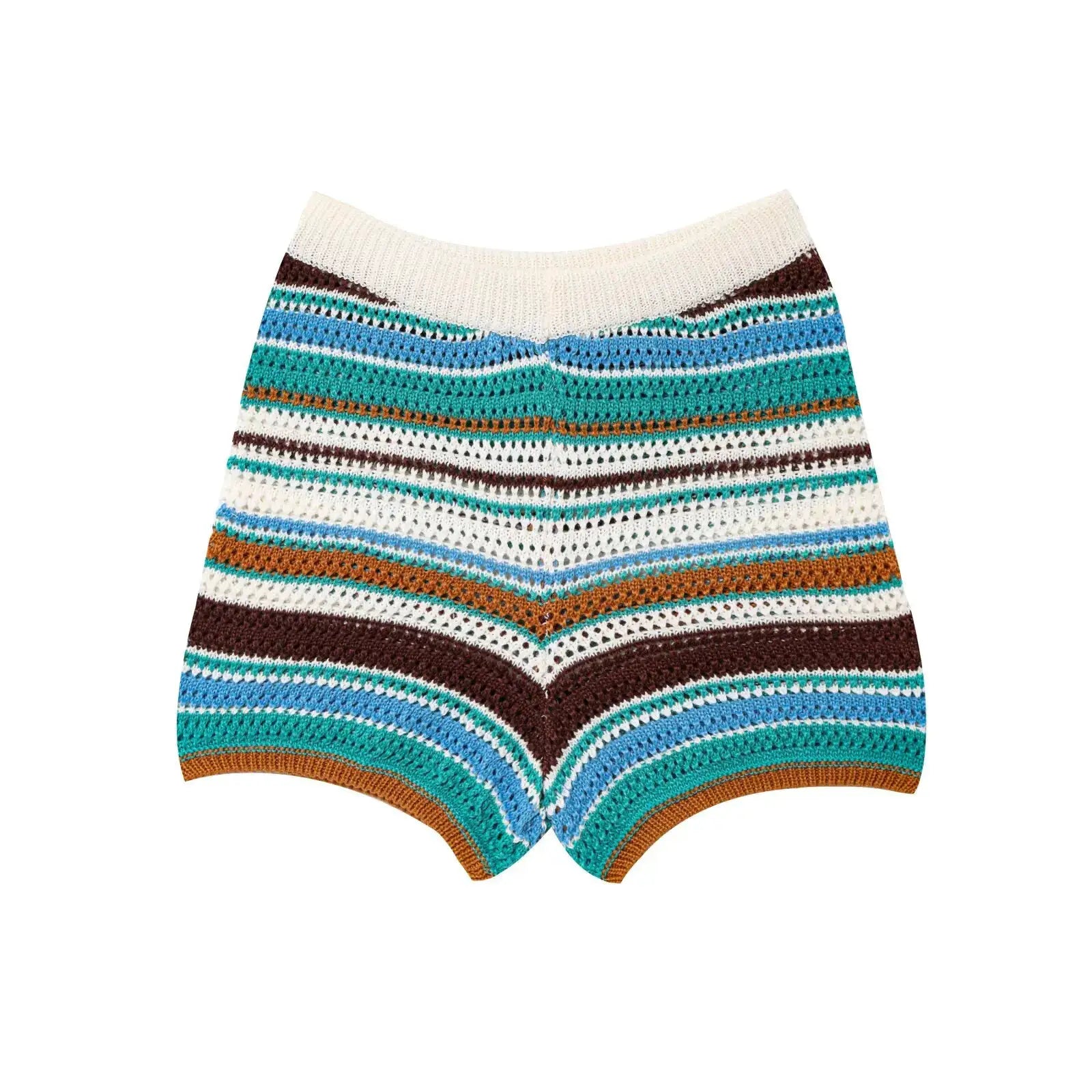 Women Patchwork Striped Crochet Knit Set Polo Collar Shorts Y2K Style