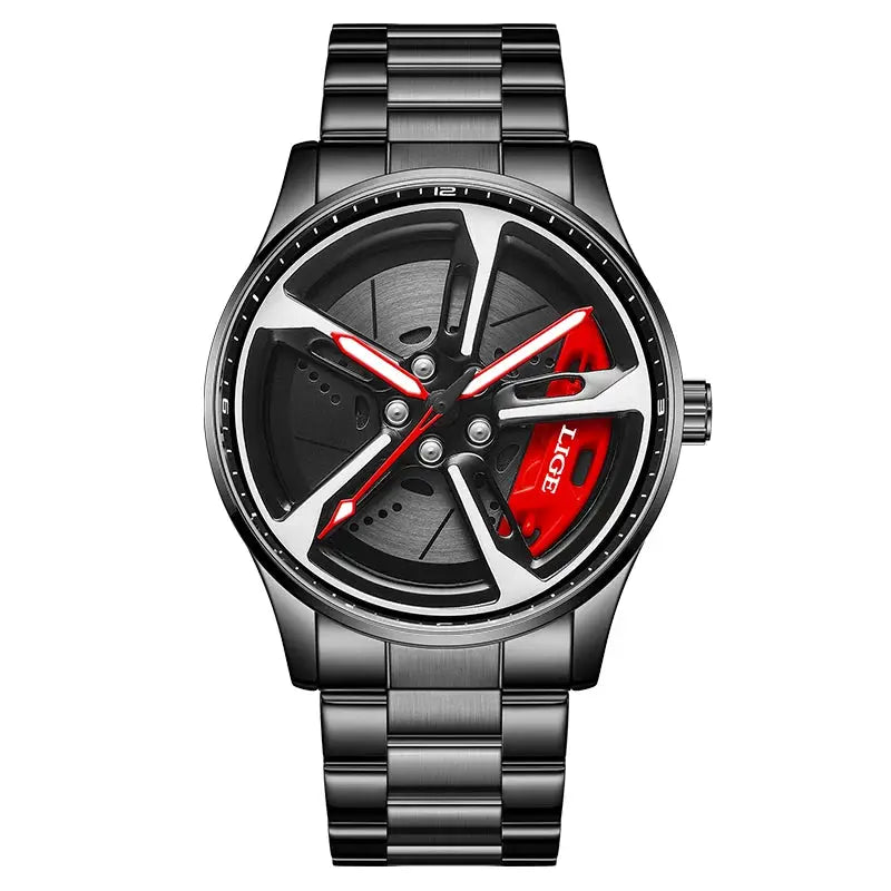 LIGE sport watch with car-wheel dial, stainless steel bracelet, red caliper accent.