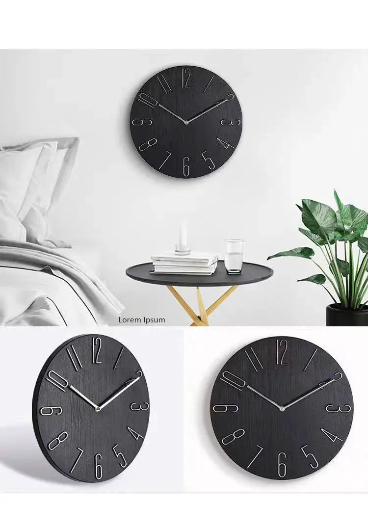Black 30cm wall clock with silent quartz movement, no second hand, Nordic minimalist design