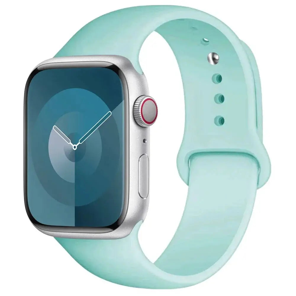 Silicone Apple Watch band by Simples Market, mint green, fits 38–45mm sizes.