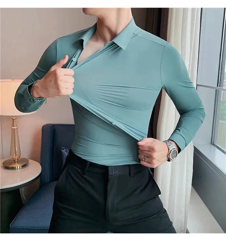 Seamless long-sleeve men's shirt, plus-size 4XL-M in teal, high-elasticity slim casual luxury top by Simples Market