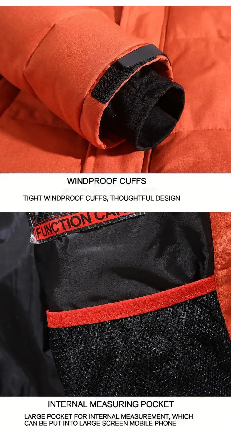 Men's orange duck-down jacket with windproof adjustable cuffs and black lining