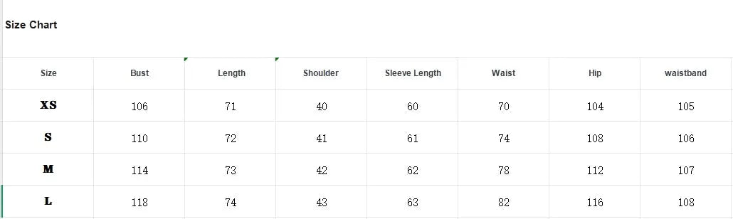 ETJ 2025 women's spring suit set size chart by Simples Market showing XS-L bust, length, shoulder, sleeve, hip.