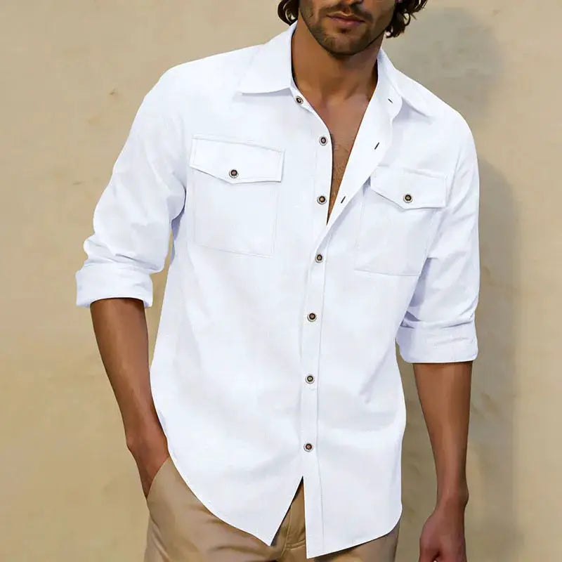 Simples Market men's white long-sleeve casual shirt with double chest pockets, button-up, rolled sleeves.
